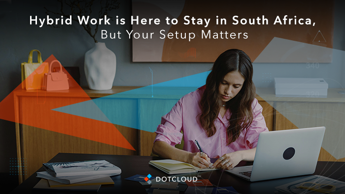 A South African business team working seamlessly between office and remote locations using secure cloud-based hybrid work technology.